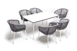 Малага обеденная группа (6 персон) со стульями Марсель, каркас белый, роуп светло-серый