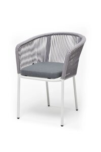 Марсель плетеный стул (57х62х80cм) из роупа, каркас алюминий белый шагрень, роуп серый круглый, ткань серая