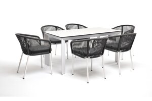 Венето обеденная группа (6 персон) со стульями Марсель, каркас белый, роуп серый