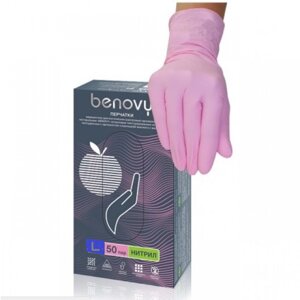 Перчатки Benovy нитриловые, текстурированные на пальцах, б/пудры, нестерил. (размер L) розовые