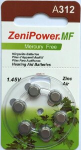 Батарейка для слуховых аппаратов ZeniPower тип 312 (6шт в упаковке)