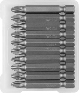 Биты ЗУБР ″Мастер″ кованые, хромомолибденовая сталь, тип хвостовика E 1/4″PZ2, 50мм, 10шт