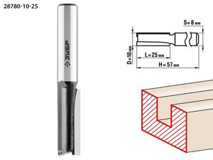 Фреза пазовая прямая, ЗУБР 10x25мм, хвостовик 8мм, 28780-10-25