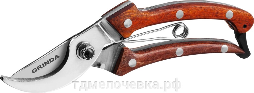 GRINDA P-17, 195 мм, из нержавеющей стали, с деревянными рукоятками, цельнокованый компактный плоскостной секатор, от компании ТД МЕЛОЧевка (товары для дома от метизов до картриджей) - фото 1