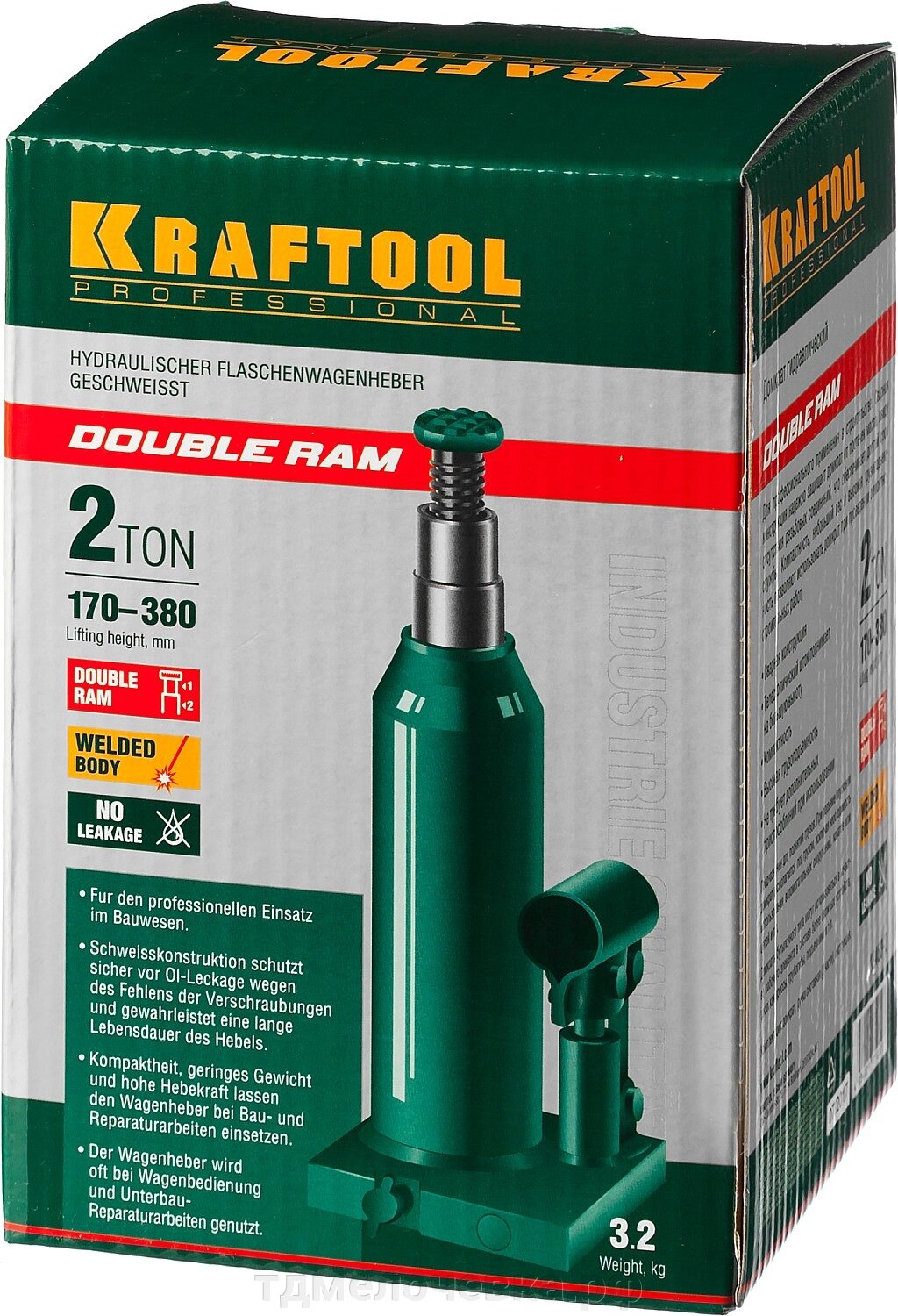 KRAFTOOL DOUBLE RAM, 2 т, 170 - 380 мм, с увеличенным подъемом, двухштоковый бутылочный домкрат (43463-2) от компании ТД МЕЛОЧевка (товары для дома от метизов до картриджей) - фото 1