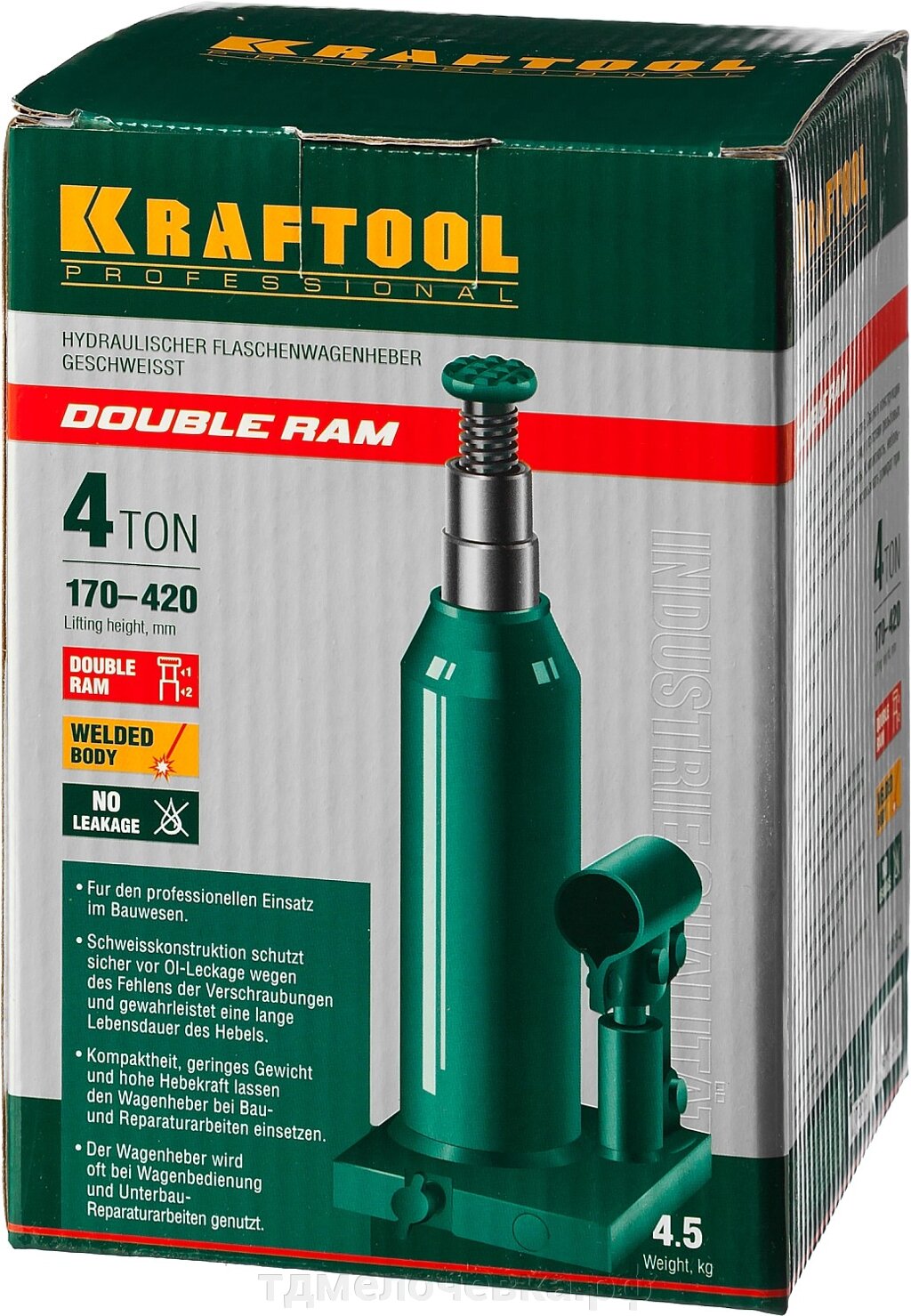 KRAFTOOL DOUBLE RAM, 4 т, 170 - 420 мм, с увеличенным подъемом, двухштоковый бутылочный домкрат (43463-4) от компании ТД МЕЛОЧевка (товары для дома от метизов до картриджей) - фото 1