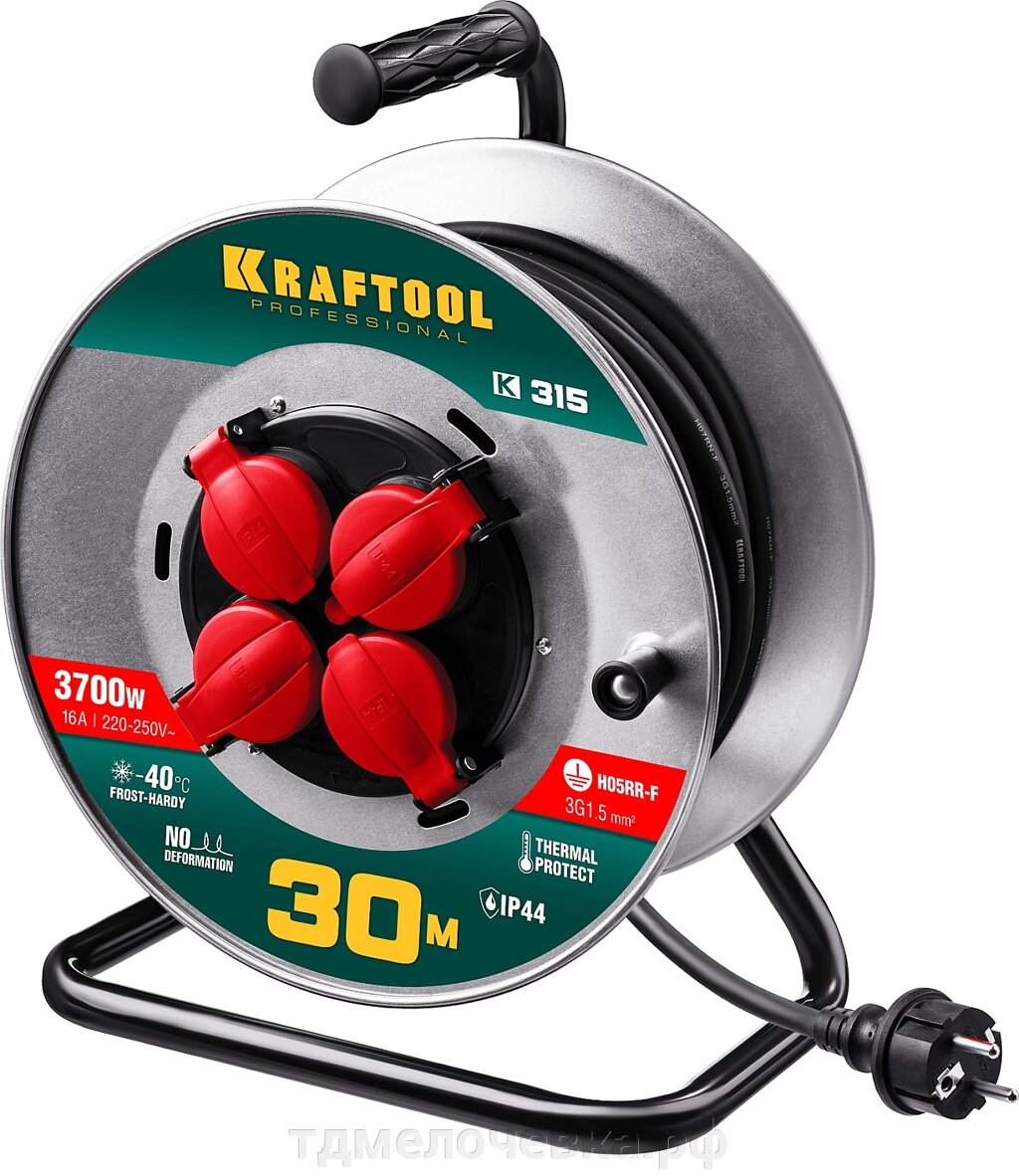 KRAFTOOL K-315, КГ, 3 x 1.5 мм2, 30 м, 3700 Вт, IP44, силовой удлинитель на стальной катушке (55085-30) от компании ТД МЕЛОЧевка (товары для дома от метизов до картриджей) - фото 1