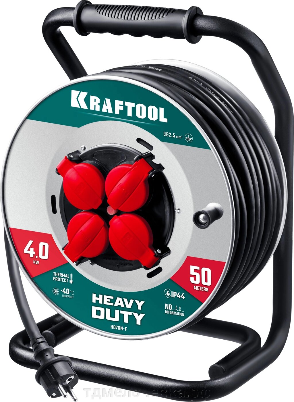 KRAFTOOL КГ 3х2.5 50м 4000Вт IP44, HEAVY DUTYСиловой удлинитель на стальной катушке (55086-50) от компании ТД МЕЛОЧевка (товары для дома от метизов до картриджей) - фото 1