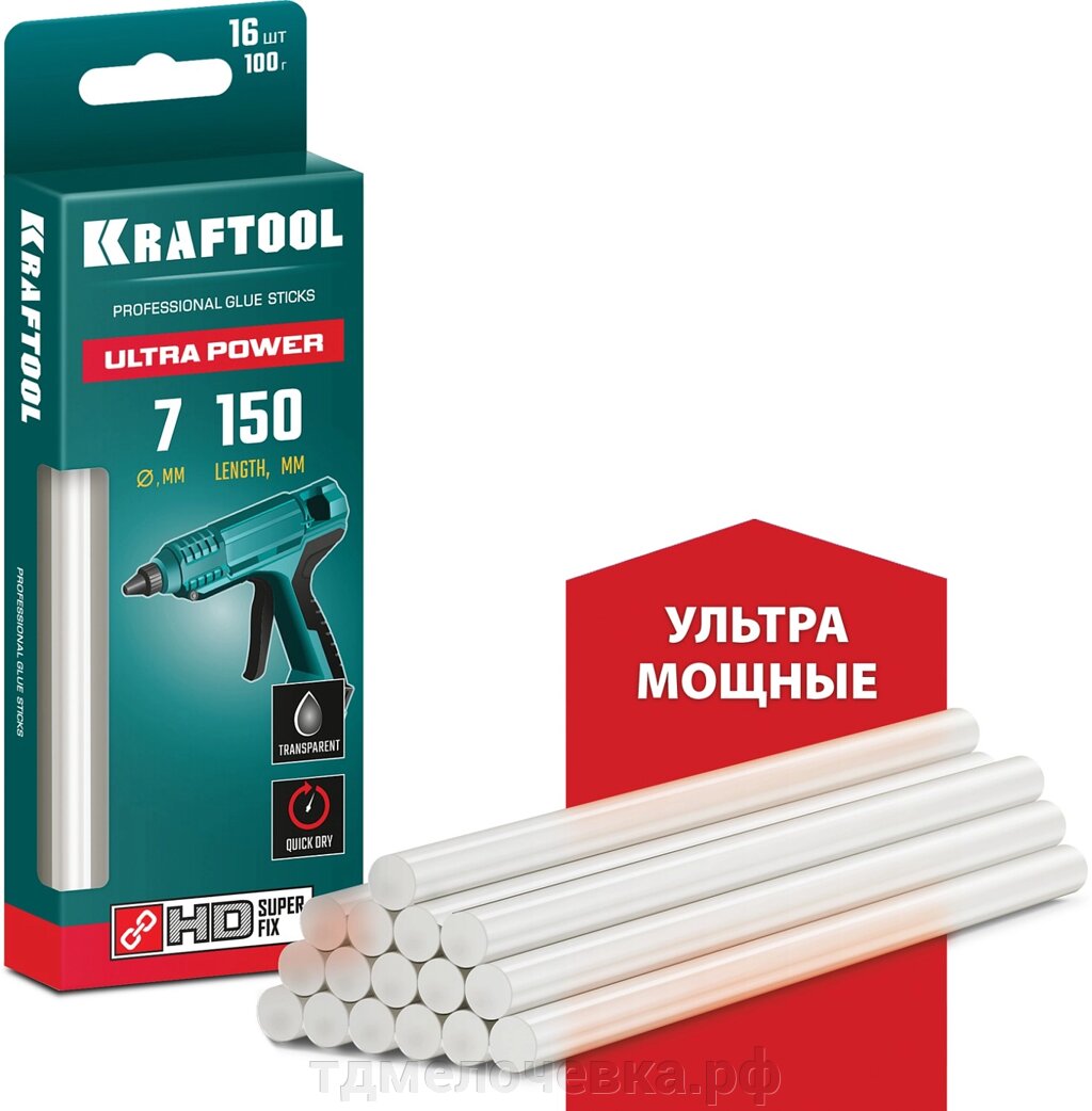 KRAFTOOL Ultra Power, 7 х 150 мм, 16 шт, прозрачные, ультрамощные клеевые стержни (06837-16) от компании ТД МЕЛОЧевка (товары для дома от метизов до картриджей) - фото 1