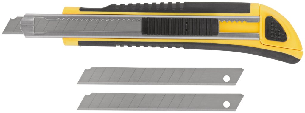 Нож технический  9 мм усиленный прорезиненный, кассета 3 лезвия от компании ТД МЕЛОЧевка (товары для дома от метизов до картриджей) - фото 1