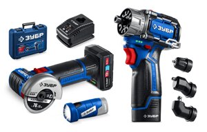 ЗУБР КОМБИ #5 набор: дрель-шуруповерт + мини УШМ + LED фонарь, BRUSHLESS, 12 В, 45 Н·м, 2 АКБ тип Т7 (4 и 2 А·ч), кейс,