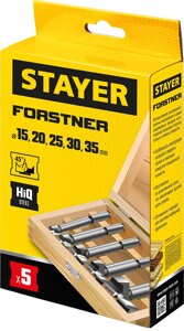 STAYER Forstner, 5 шт: 15-20-25-30-35 мм, набор сверл форстнера по дереву, ДСП (29985-H5)