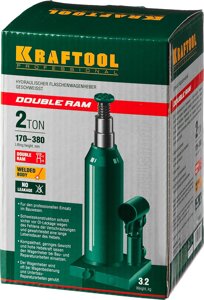 KRAFTOOL DOUBLE RAM, 2 т, 170 - 380 мм, с увеличенным подъемом, двухштоковый бутылочный домкрат (43463-2)