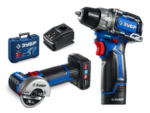 ЗУБР КОМПАКТ #5, набор: дрель-шуруповерт + мини УШМ + LED фонарь, BRUSHLESS, 12 В, 45 Н·м, 2 АКБ тип Т7 (4 и 2 А·ч),