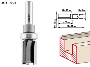 ЗУБР 19 x 26 мм, хвостовик 8 мм, фреза пазовая прямая с верхним подшипником, Профессионал (28781-19-26)