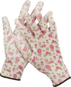 Садовые перчатки GRINDA, прозрачное PU покрытие, 13 класс вязки, бело-розовые, размер S