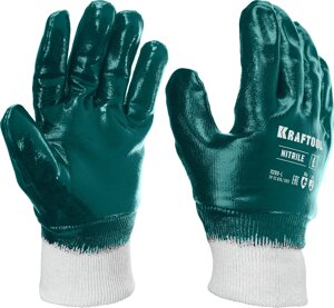 Особопрочные перчатки KRAFTOOL с манжетой, нитриловое покрытие, максимальная защита от нефтепродуктов, износостойкие, L