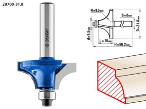 ЗУБР 31.8 x 15 мм, радиус 9.5 мм, фреза кромочная калевочная №1, Профессионал (28700-31.8)