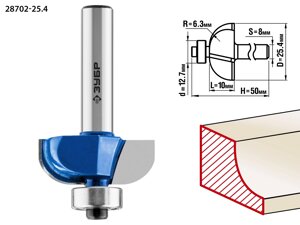 ЗУБР 25.4 x 10 мм, радиус 6.3 мм, фреза кромочная калевочная №2, Профессионал (28702-25.4)