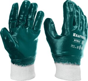 Особопрочные перчатки KRAFTOOL с манжетой, нитриловое покрытие, максимальная защита от нефтепродуктов, износостойкие,