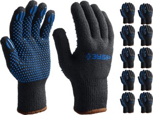 Утеплённые перчатки ЗУБР МАСТЕР, трикотажные, покрытие ПВХ (точка), 10 пар, размер L-XL