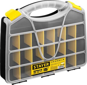 STAYER SPACE-15, 380 х 310 х 70 мм, (15″), пластиковый органайзер с 21 ячейкой (38038-15)