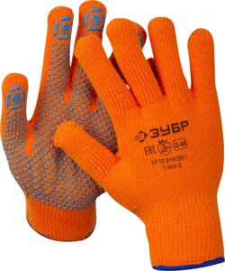 Утеплённые перчатки ЗУБР АНГАРА, акрил с начёсом, покрытие ПВХ (точка), сигнальный цвет, размер S-M