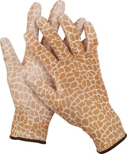 Садовые перчатки GRINDA, прозрачное PU покрытие, 13 класс вязки, коричневые, размер M