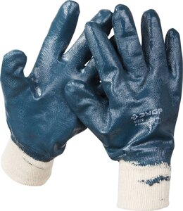 Прочные перчатки ЗУБР с манжетой, с нитриловым покрытием, масло-бензостойкие, износостойкие, L (9), HARD, ПРОФЕССИОНАЛ
