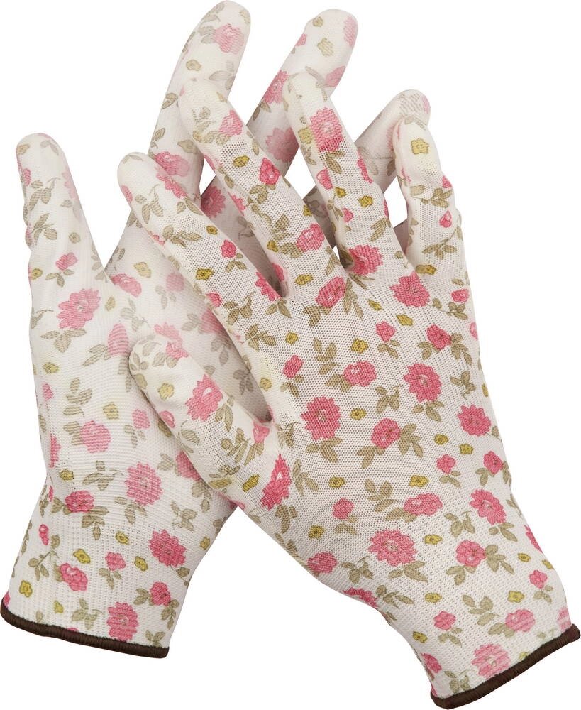 Садовые перчатки GRINDA, прозрачное PU покрытие, 13 класс вязки, бело-розовые, размер L от компании ТД МЕЛОЧевка (товары для дома от метизов до картриджей) - фото 1