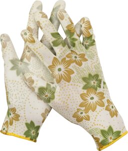 Садовые перчатки GRINDA, прозрачное PU покрытие, 13 класс вязки, бело-зеленые, размер S