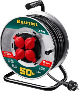 Силовой удлинитель на стальной катушке KRAFTOOL КГ 3х1.5 50м 3700Вт IP44, K-315