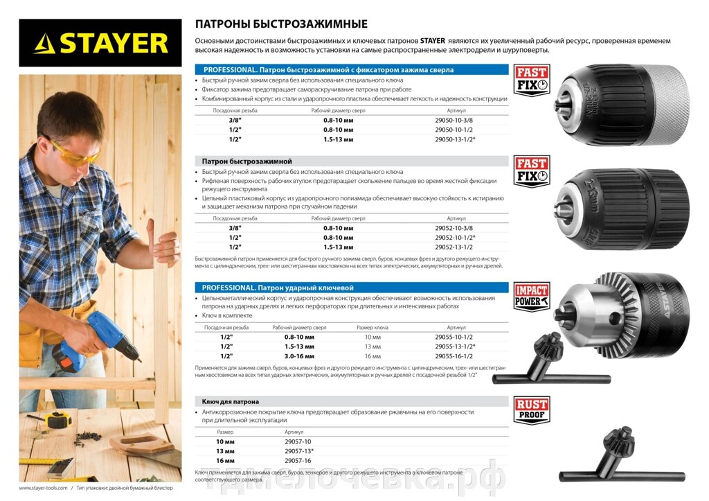 STAYER 13 мм, 1/2″, быстрозажимной патрон для дрели (29052-13-1/2) от компании ТД МЕЛОЧевка (товары для дома от метизов до картриджей) - фото 1