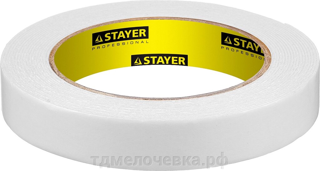 STAYER 19 мм, 5 м, белая, на вспененной основе, двухсторонняя клейкая лента, Professional (12231-19-05) от компании ТД МЕЛОЧевка (товары для дома от метизов до картриджей) - фото 1