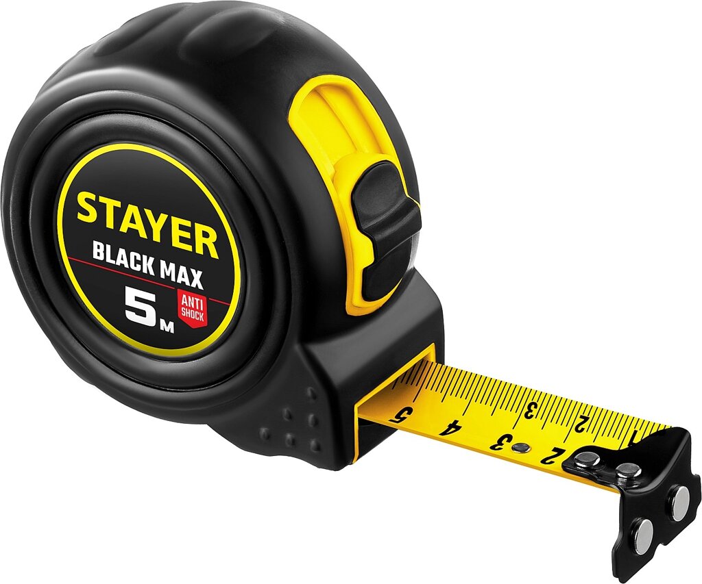 STAYER BlackMax 5м / 25мм рулетка в ударостойком полностью обрезиненном корпусе и двумя фиксаторами от компании ТД МЕЛОЧевка (товары для дома от метизов до картриджей) - фото 1