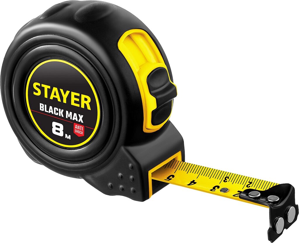 STAYER BlackMax 8м / 25мм рулетка в ударостойком полностью обрезиненном корпусе и двумя фиксаторами от компании ТД МЕЛОЧевка (товары для дома от метизов до картриджей) - фото 1