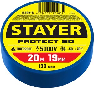 Stayer protect-20, 19 мм х 20 м, 5 000 в, синяя, изолента пвх, professional (12292-B)