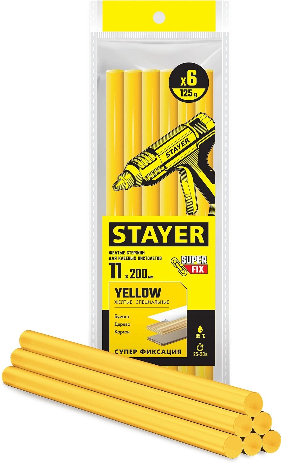 STAYER Yellow желтые клеевые стержни, d 11 мм х 200 мм 6 шт. 125 г. от компании ТД МЕЛОЧевка (товары для дома от метизов до картриджей) - фото 1