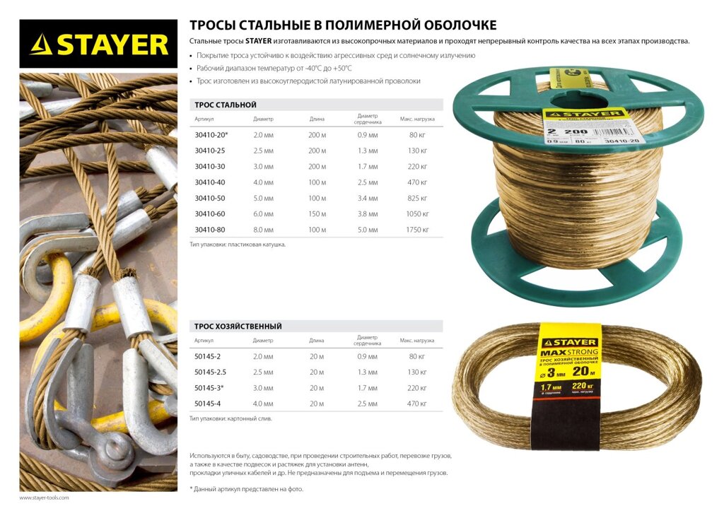 Трос стальной в полимерной оболочке, d=4,0 мм, L=100 м, STAYER от компании ТД МЕЛОЧевка (товары для дома от метизов до картриджей) - фото 1