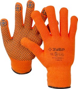 Утеплённые перчатки ЗУБР АНГАРА, акрил с начёсом, покрытие ПВХ (точка), сигнальный цвет, размер L-XL