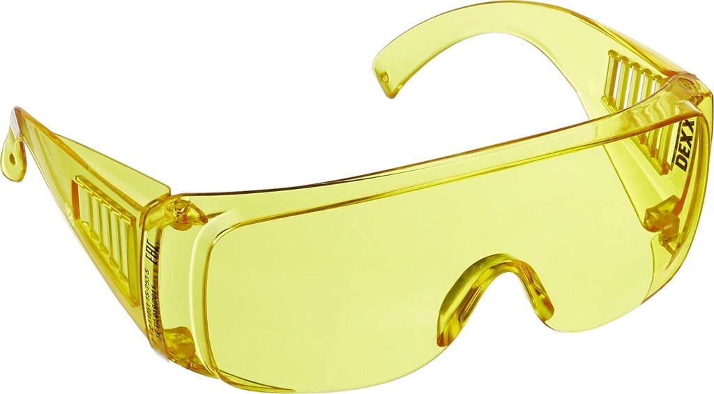 Защитные жёлтые очки DEXX широкая монолинза с дополнительной боковой защитой и вентиляцией, открытого типа от компании ТД МЕЛОЧевка (товары для дома от метизов до картриджей) - фото 1