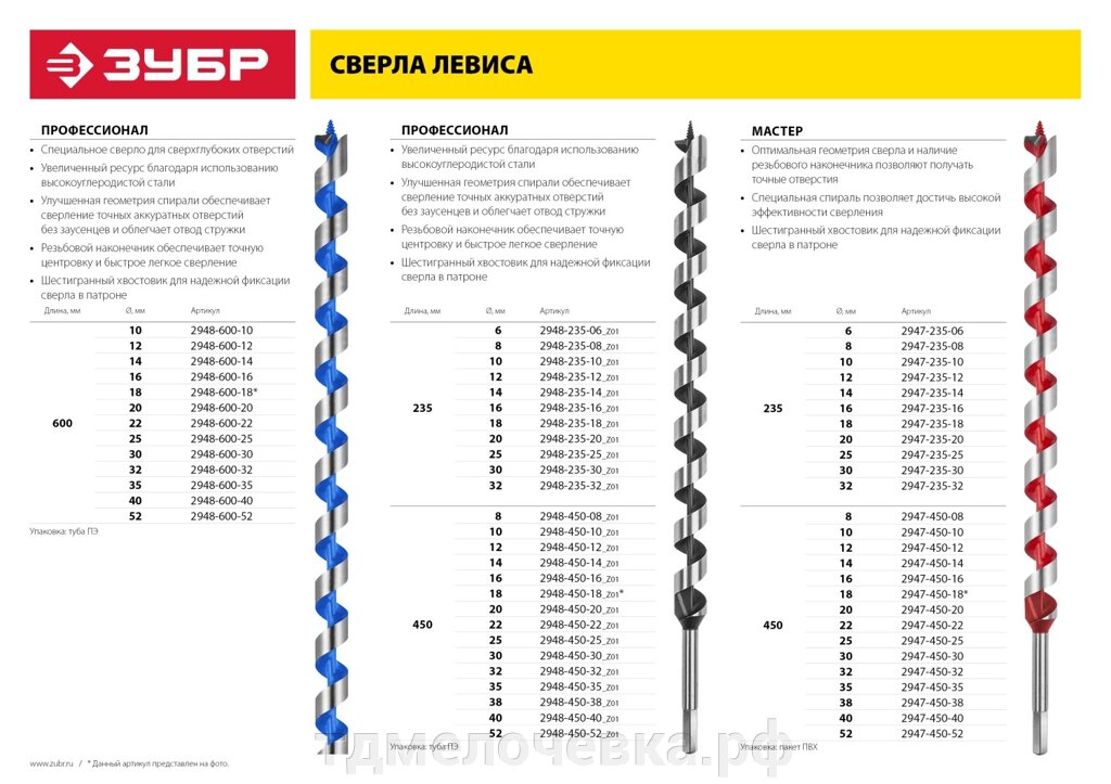 ЗУБР 12 x 450/360 мм, шестигранный хвостовик, сверло левиса по дереву (2947-450-12) от компании ТД МЕЛОЧевка (товары для дома от метизов до картриджей) - фото 1