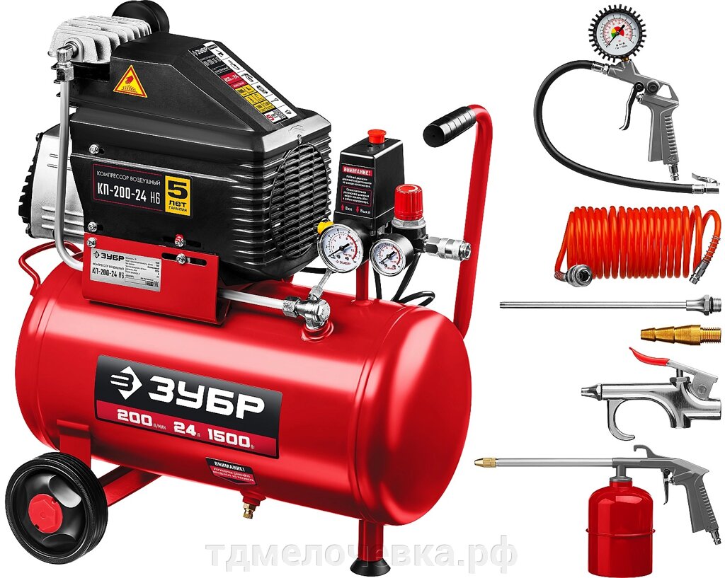 ЗУБР 200 л/мин, 24 л, 1500 Вт, 6 предметов, безмасляный компрессор (КП-200-24 Н6) от компании ТД МЕЛОЧевка (товары для дома от метизов до картриджей) - фото 1