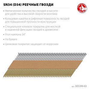 ЗУБР SN34 (D34) 63 х 2.8 мм, реечные гвозди рифленые оцинкованные, 4000 шт (305399-63)