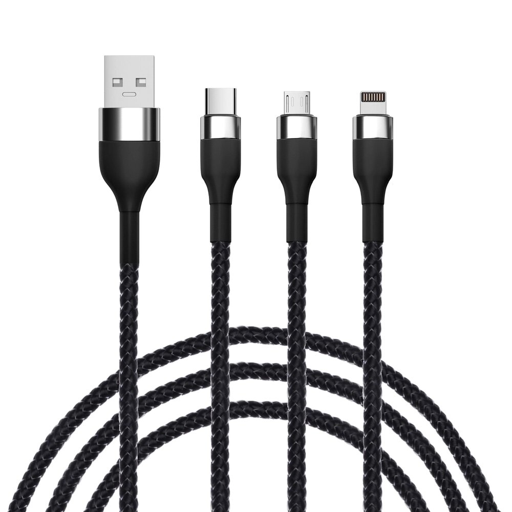 BY Кабель для зарядки 3 в 1 iP/Micro USB/Type-C, 1.5м, 2.1А, тканевая оплётка, металлик, черный от компании ООО "Барс" - фото 1