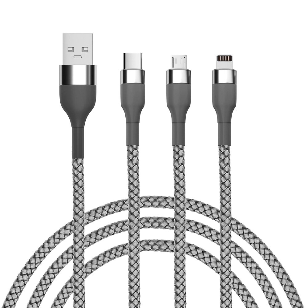 BY Кабель для зарядки 3 в 1, iP/Micro USB/Type-C, 1.5м, 2.1А, тканевая оплётка, металлик, серый от компании ООО "Барс" - фото 1