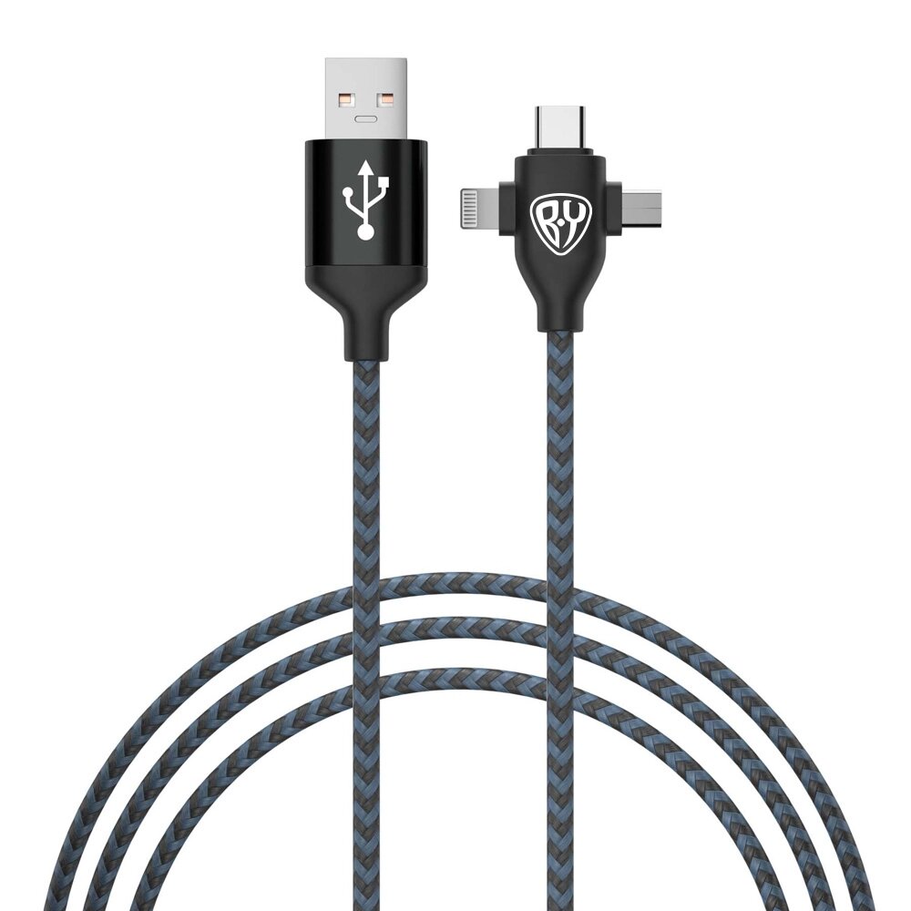 BY Кабель для зарядки 3 в 1 iP/Micro USB /Type-C, 1м, 2А, тканевая оплетка, чёрный от компании ООО "Барс" - фото 1