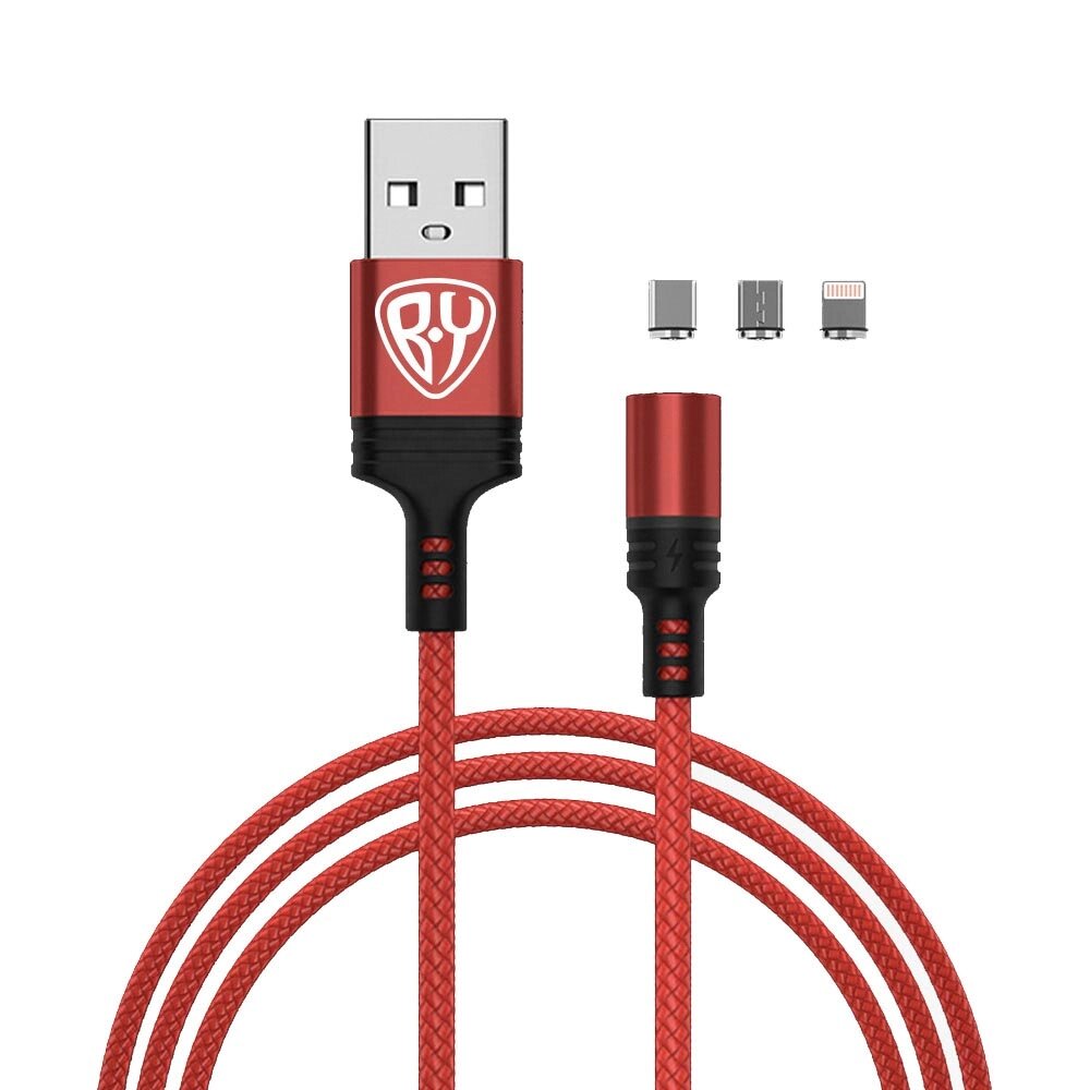 BY Кабель для зарядки Магнитный 3 в 1, iP/Micro USB/Type-C, 1м, 2.1А, красный от компании ООО "Барс" - фото 1