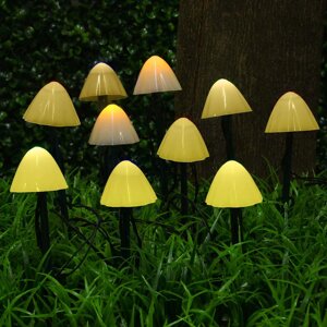 INBLOOM Гирлянда на солн. батарее, 5м, 10LED, шампань, 8 реж, грибы 18см, 2V80mA, 1.2V600mAh, IP44