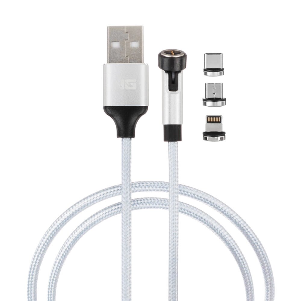 NG Кабель для зарядки магнитный поворотный 3 в 1, iP/Micro USB/Type-C, 1м, 2.4, тканевая оплетка от компании ООО "Барс" - фото 1